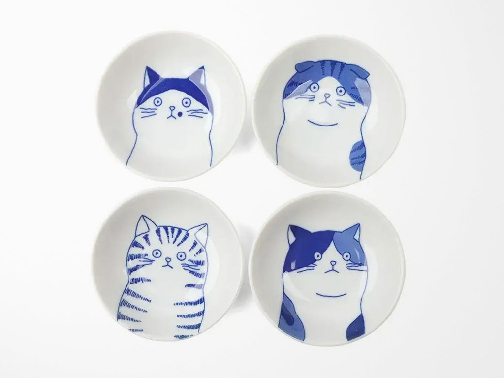 Tiny Trinket Dishes - Blue and White Cats - Set of 4